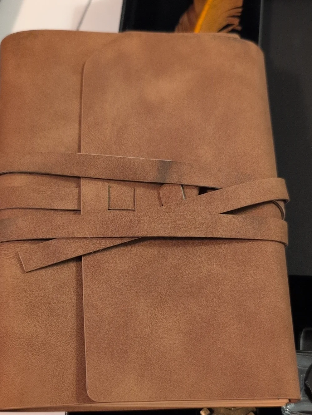 Leather Wrap Journal Notebook Feather Pen Tips Inkwell Box Set- Tan